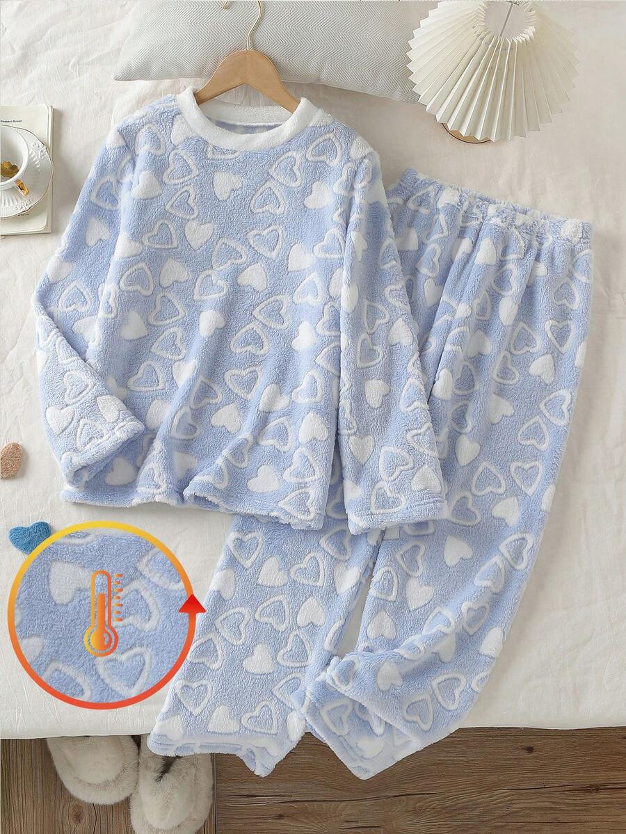2 件女童舒适灰色简约毛绒心形图案长袖上衣和裤子睡衣套装，休闲家居服，母子装（2 套单独出售） - 藍白色 - 查看 1