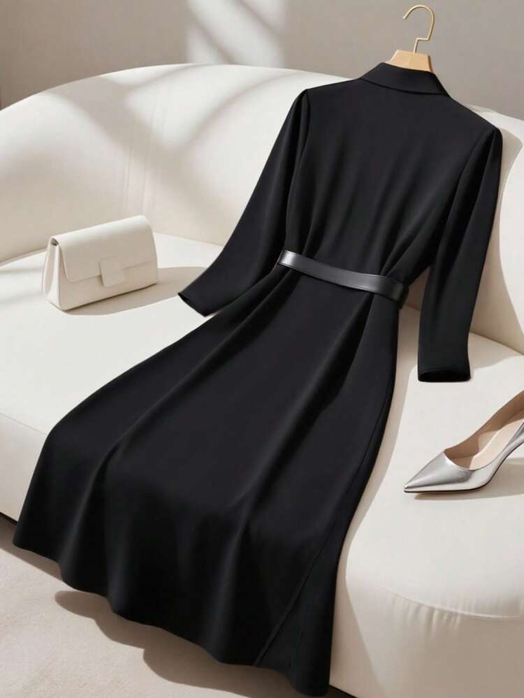 Franclia Avslappnad svart knapphalskrage med fickor, långärmad skjortklänning, elegant maxi-outfit för kvinnor - Svart - Visa 2