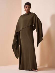 Zivah 2025 女式西部游牧风、生日派对风格、百搭休闲日常穿着、休闲度假、邮轮旅行斗篷不对称下摆宽松上衣和连衣裙套装 - 軍綠色 - 查看 3