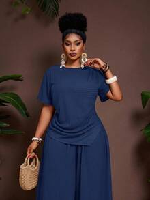 Veslaya 加大码纯色不对称下摆垂坠短袖上衣和阔腿裤优雅两件套 - 水鴨藍 - 查看 5