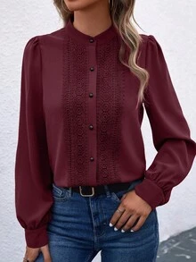 EMERY ROSE Blusa elegante de mujer con cuello alto, manga raglán y botones delanteros con aplicación de encaje - Rojo violeta - Ver 4