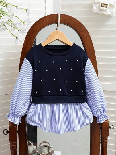SHEIN Girls' Striped Print Faux Pearl Decor Crew Neck Long Sleeve Sweatshirt