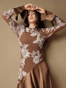 Anewsta 女式圆领喇叭袖复古优雅纹理拼布连衣裙 - 棕色 - 查看 6