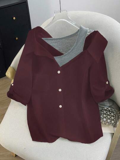 Franclia قميص أبيض نسائي منتظم مع حمالات زائفة للكامسول، كتف بارد متوسط الأكمام 2 في 1، أنيق كاجوال للتنقل والحفلات والأعمال متعدد الاستخدامات