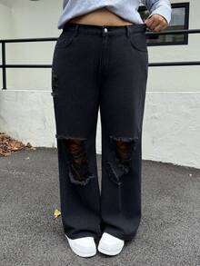 SHEIN CURVE+ Plus Size Women Street Style Fashion Distressed Pocket Denim Jeans Y2k Plus Size Ripped Jeans - Black - View 6