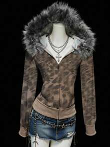 INAWLY Veste à capuche décontractée rétro pour femmes, Top zippé avec col en fourrure imprimé animal et patchwork, convient pour le port en extérieur