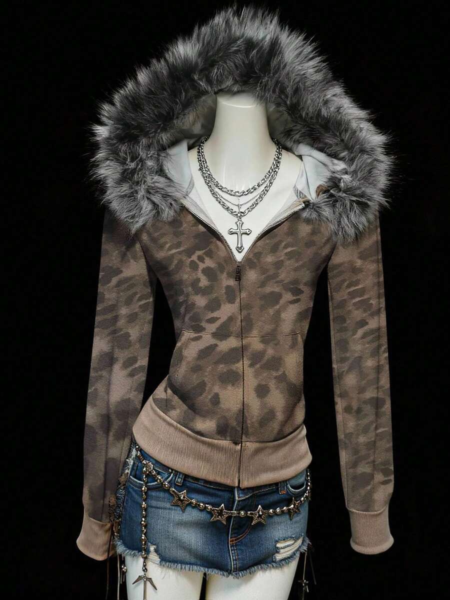 INAWLY Veste à capuche décontractée rétro pour femmes, Top zippé avec col en fourrure imprimé animal et patchwork, convient pour le port en extérieur