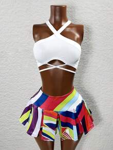 BamGleam 女式夏季休闲街头色块条纹印花褶皱裤裙 - 彩色 - 查看 3