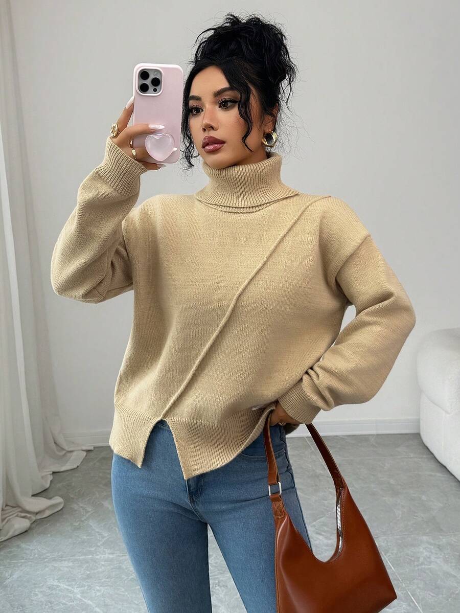 SHEIN Elenzya Women's Turtleneck Ribbed Slit Casual Elegant Pullover Sweater, Autumn/Winter - Apricot - View 1