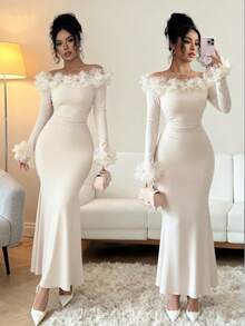 SHEIN Elenzya Women's Knit Off Shoulder Long Sleeve Dress With Side Ruching And 3D Floral Decor, Elegant For Daily, Commute, Fashion, French Street Style, Vintage, Versatile, Party, Holiday, Business, Apricot, Autumn/Winter - Apricot - View 1