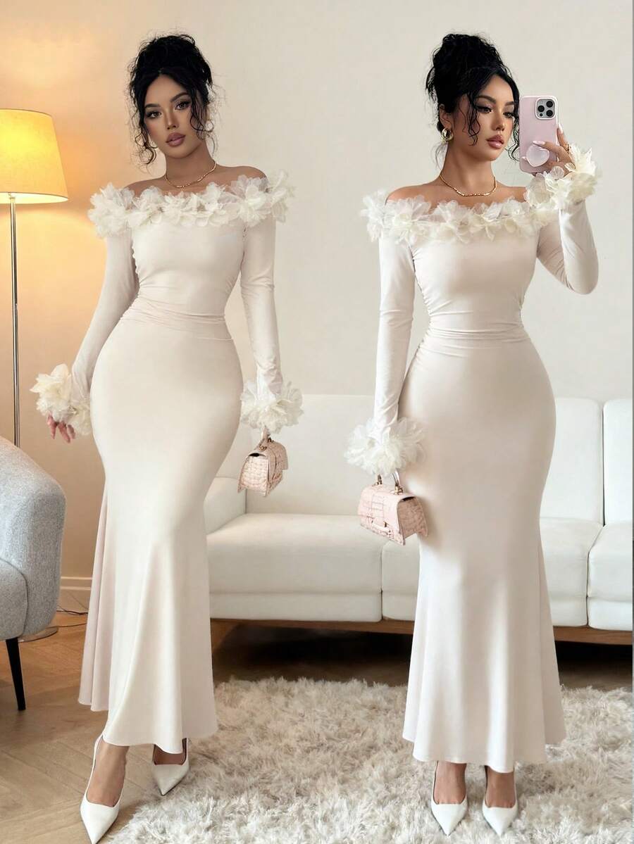 SHEIN Elenzya Women's Knit Off Shoulder Long Sleeve Dress With Side Ruching And 3D Floral Decor, Elegant For Daily, Commute, Fashion, French Street Style, Vintage, Versatile, Party, Holiday, Business, Apricot, Autumn/Winter - Apricot - View 1