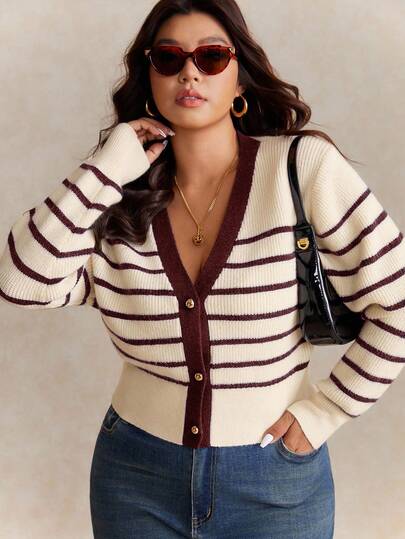Elaquor Plus Size Women Casual Striped V-Neck Long Sleeve Cardigan In Fall/Winter