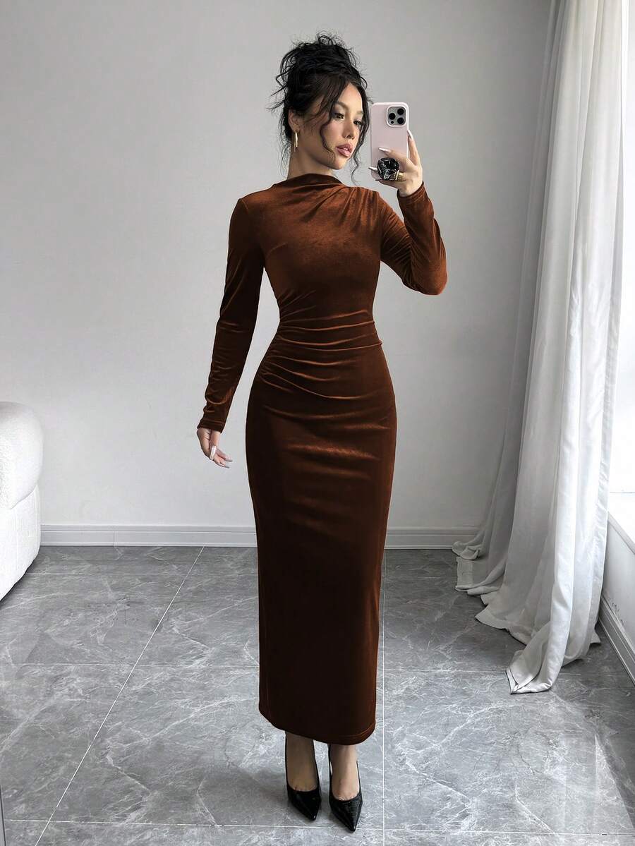Elenzga Women Elegant Velvet Asymmetric Ruffle Split Hem Dress Burgundy Maxi Women Outfit - Coffee Brown - View 1