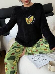 SHEIN Avocado Embroidered Fluffy Sweatshirt And Flannel Printed Pants Women Cozy Pajama Set, Winter Clothes