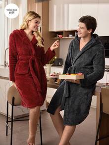 CoupledUp Men's Cozy Loose Fit Dark Grey Hooded Bathrobe With Tie Waist, Fluffy, Winter - Dark Grey - View 7