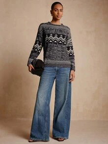 Lyxana Autumn/Winter New Women's Vintage Fashion Jacquard Contrast Color Casual Loose Crew Neck Long Sleeve Sweater - Multicolor - View 4