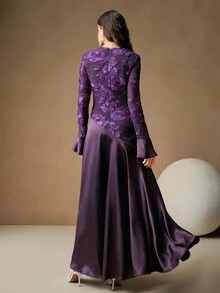 Anewsta 女式优雅纹理拼布伞形下摆连衣裙，适合派对和宴会，春秋季 - 紫色 - 查看 2