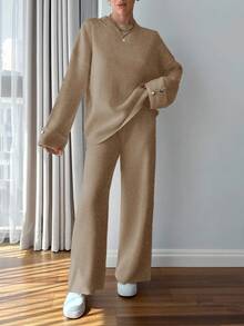 EURMUSE Women Button Detailed Sweater And Pant Set - Camel - View 4