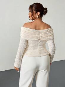 Firerie Plus Size Women Off Shoulder Ruched Fitted Metallic Decor Textured Fabric Long Sleeve Elastic T-Shirt, Elegant Casual For Spring - Apricot - View 4
