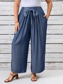 EMERY ROSE Plus Size Women Elegant Casual Tie Knot Long Pants - Blue - View 5