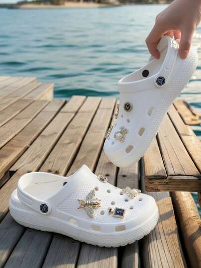 Chanclas para Mujer Estilo Casual con Encanto Metálico, Punta Redonda, Suela Gruesa, Verano, Para Playa y Diario