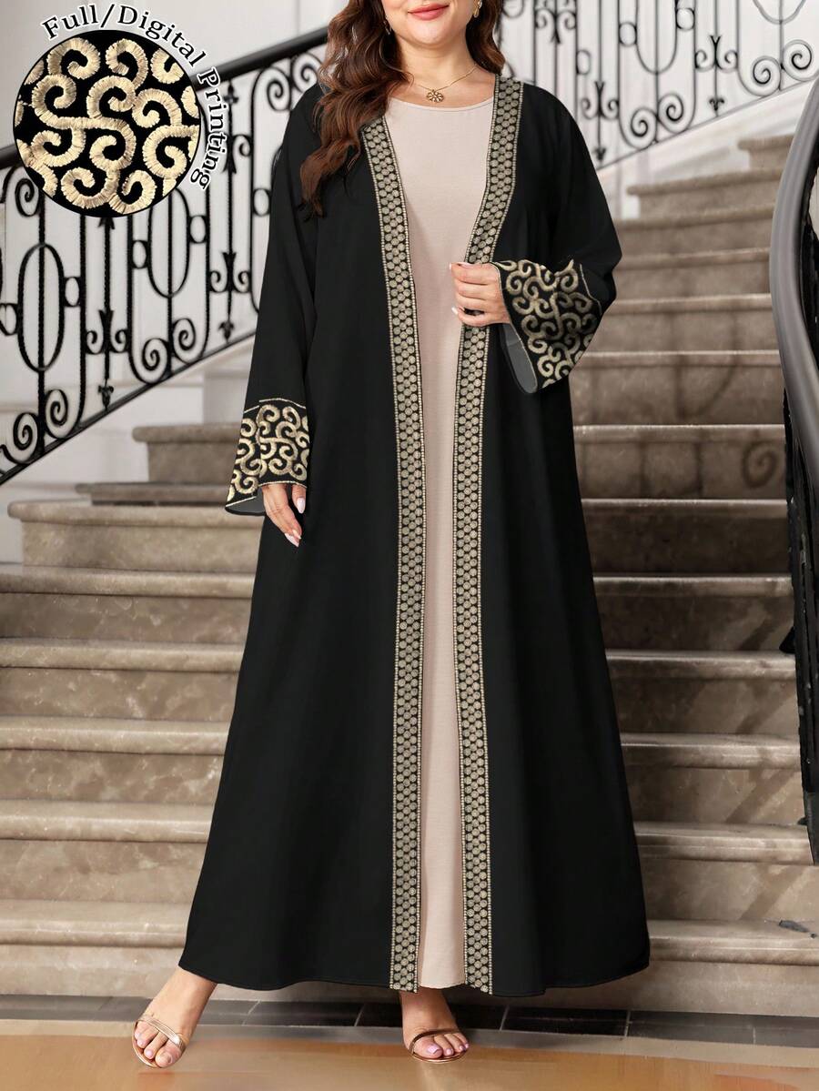 SHEIN Najma 大码女式花卉印花长袖休闲阿拉伯长袍,春秋季 - 彩色 - 查看 1