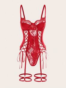 3件套女士性感蕾丝拼接PU皮革紧身衣外出内衣 - 紅色 - 查看 6