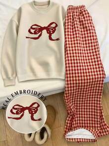 Franclia 2件套女士蝴蝶结刺绣运动衫和格子数码印花宽松裤套装 - 彩色 - 查看 1