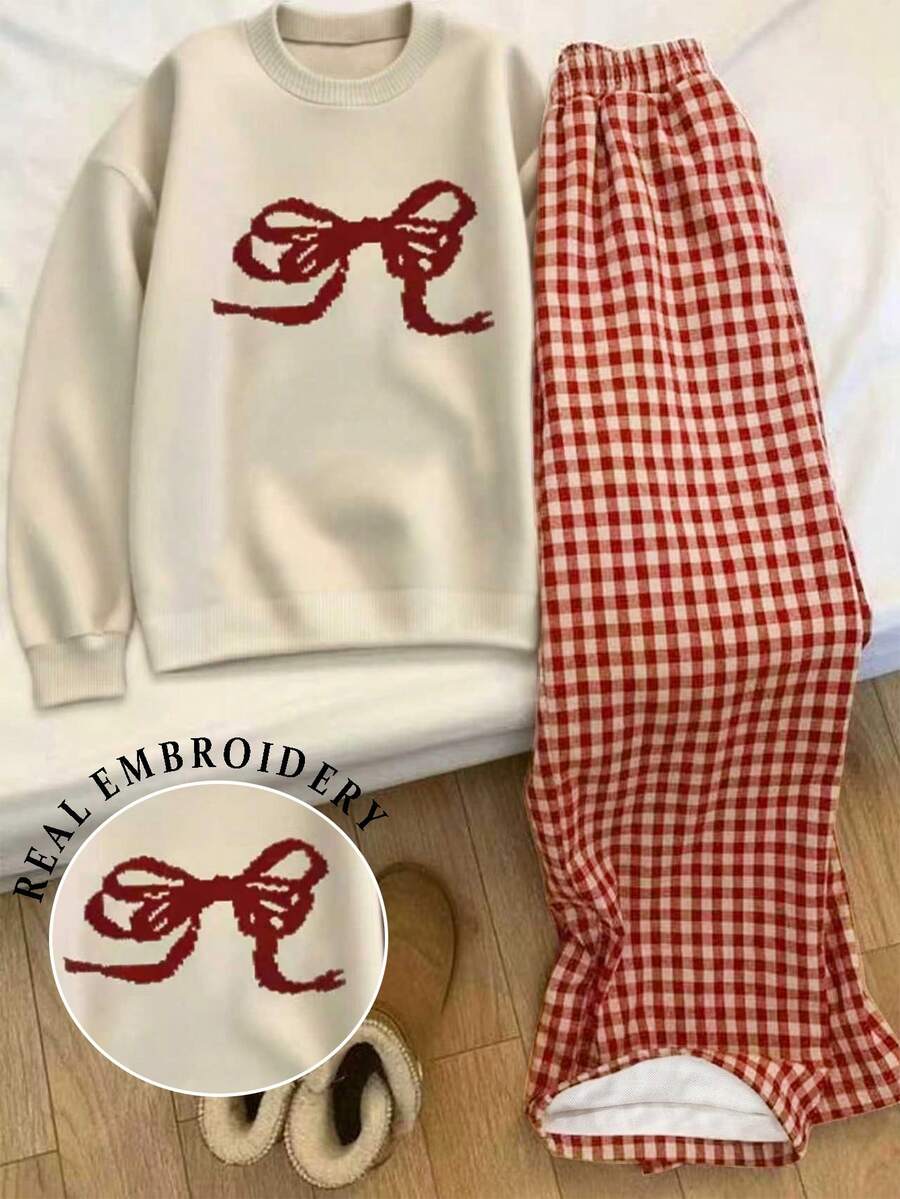 Franclia 2件套女士蝴蝶结刺绣运动衫和格子数码印花宽松裤套装 - 彩色 - 查看 1