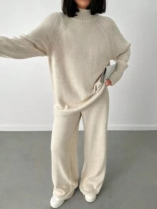 SHEIN Tall Women's Mock Neck Raglan Sleeve Knitted Sweater 2pcs/Set - Beige - View 6