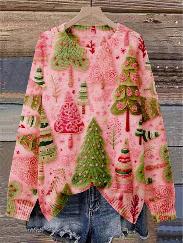 EMERY ROSE Plus Size Women's 3D Printed Christmas Tree Sweater - Red And Green Pine Tree Crew Neck Casual Pullover Knit Top