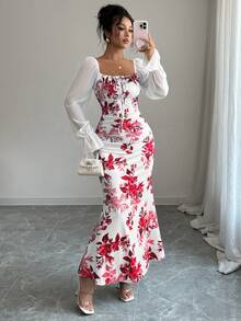 Elenzga 新款女式方领蝴蝶结雪纺泡泡袖设计连衣裙，适合约会、聚会、日常穿着，收腰，修身，优雅，青春，长裙，适合春、夏、秋季 - 紅色 - 查看 4