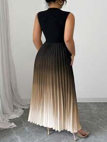 Elenzga Plus Size Sleeveless High Neck Pleated Ombre Floral Dress - Coffee Brown - View 2