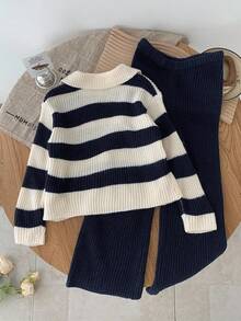 SHEIN 2pcs Young Girl Striped V-Neck Casual Sweater And Leggings Set - Navy Blue - View 6