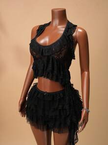 SHEIN BamGlam Blusa con encaje transparente y volantes con diseño de medusa - Negro - Ver 5