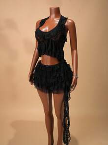 SHEIN BamGlam Blusa con encaje transparente y volantes con diseño de medusa - Negro - Ver 6
