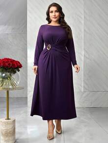 Modelyn Đầm suông tay dài cổ tròn màu trơn cỡ lớn cho nữ, eo kim loại, trang trí xếp nếp thanh lịch - Màu tím - Xem 5