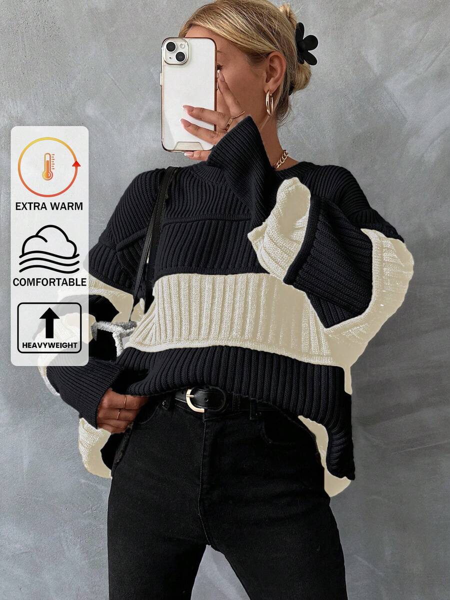 EURMUSE Colorblock Drop Shoulder Ribbed Knit Sweater - Black and White - View 1