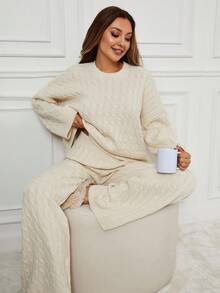 EURMUSE Women's Cable Knit Drop Shoulder Sweater And Pants Two Piece Set - Beige - View 5