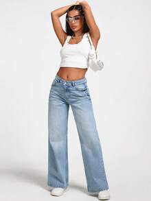 EURMUSE PETITE LOW WAIST SNOW WASH STRAIGHT JEAN Crop Tops Y2k White Crop Tops White Crop Top Women White Y2k Top Jean Crop Top - Medium Wash - View 5