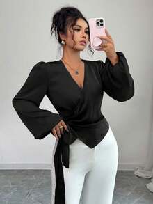 Elenzga 女式纯色灯笼袖裹身领带优雅衬衫，秋季 - 黑色 - 查看 5