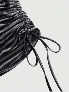 ROMWE J-Fashion Y2K Sexy Striped Bat Wing Ruffle Drawstring Off Shoulder Women's Suit - Black - View 7