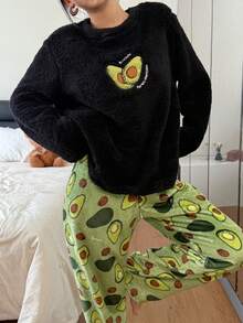 SHEIN Avocado Embroidered Fluffy Sweatshirt And Flannel Printed Pants Women Cozy Pajama Set, Winter Clothes