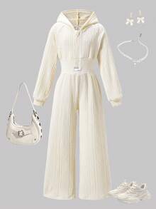 Sparklyn 青少年女孩休闲杏色针织提花连帽拉链高腰连体裤，适合日常外出 - 杏色 - 查看 3