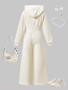 Sparklyn 青少年女孩休闲杏色针织提花连帽拉链高腰连体裤，适合日常外出 - 杏色 - 查看 2