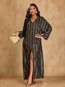 Brilight 女士休闲烫金条纹宽松外套正装衬衫连衣裙日常休闲外出适合所有场合 - 黑色 - 查看 3