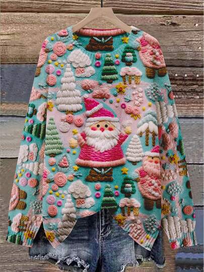EMERY ROSE Plus Size Women's Loose Pullover Knit Sweater - 3D Printed Christmas New Style, Santa Claus And Christmas Tree