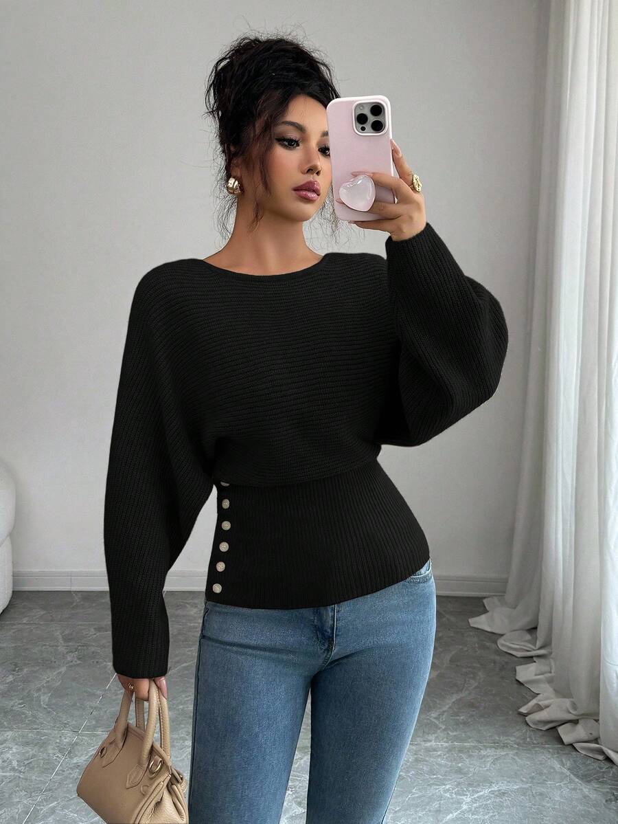 Elenzga Damen neue Herbst/Winter Einteiler Design Fledermausärmel hochwertig geknöpfter minimalistischer Alltagspullover mit Langarm