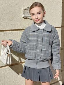 Girls' Retro Gray Oversized Collar Loose Short Padded Coat, Suitable For Daily Wear In Winter - Grey - View 5
