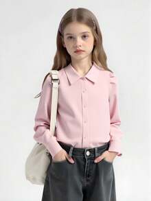 Áo sơ mi trơn tay đơn phong cách cung điện cổ điển dành cho bé gái tuổi mới lớn - Hồng - Xem 4